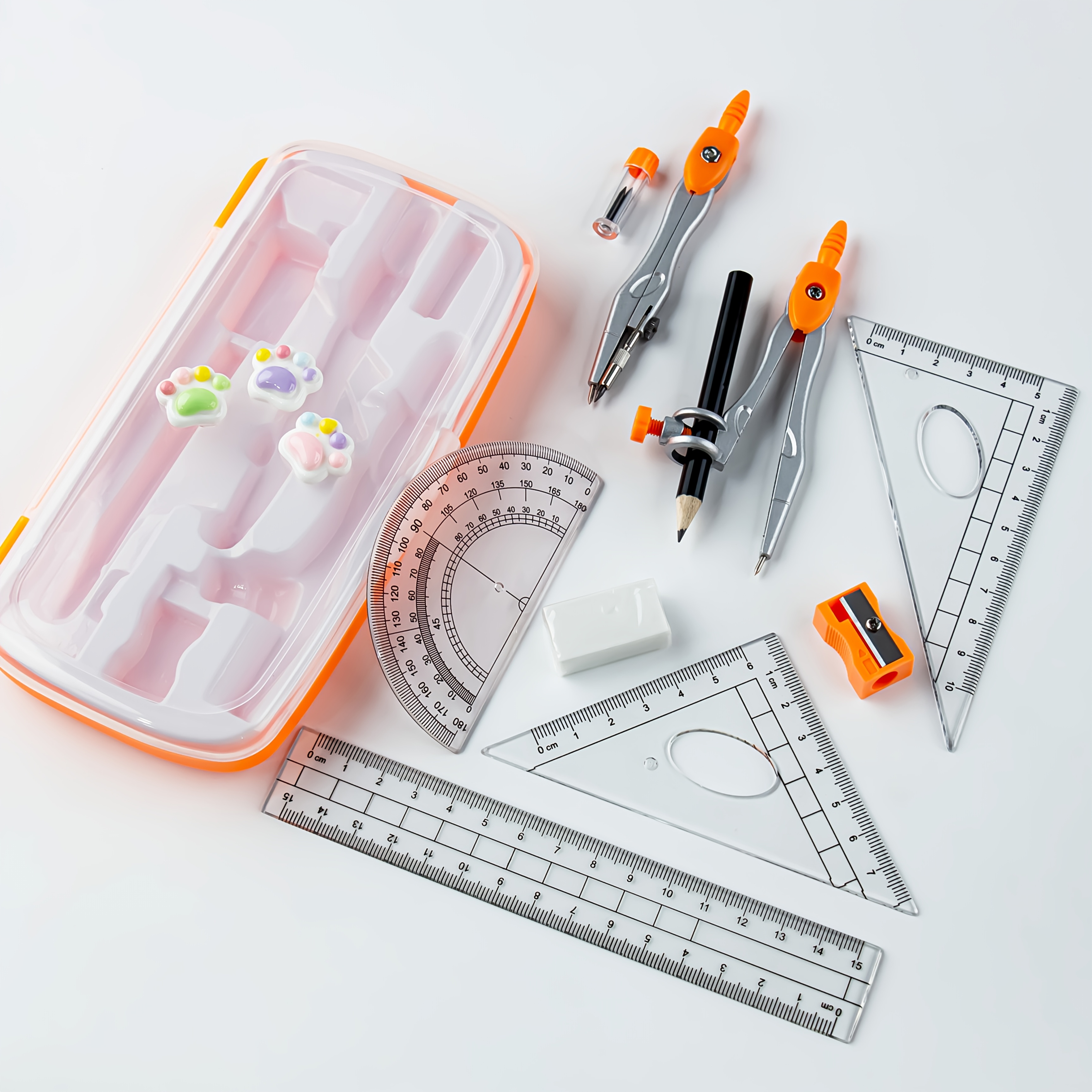 TEMU Cute Cat Paw Compass Set, Stylish And Attractive Appearance, Includes A Drop-proof Cute Cat Paw Storage Box, 4pcs Ruler Set, Double Compass,