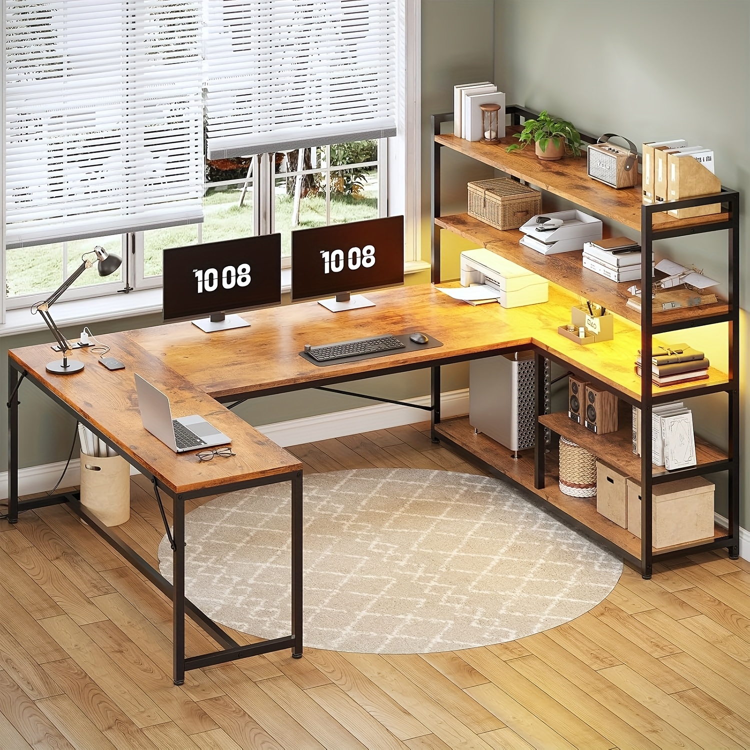 TEMU 63" Reversible U Shaped Office Desk With Led Lights And Storage Shelves, Home Office Computer Desk
