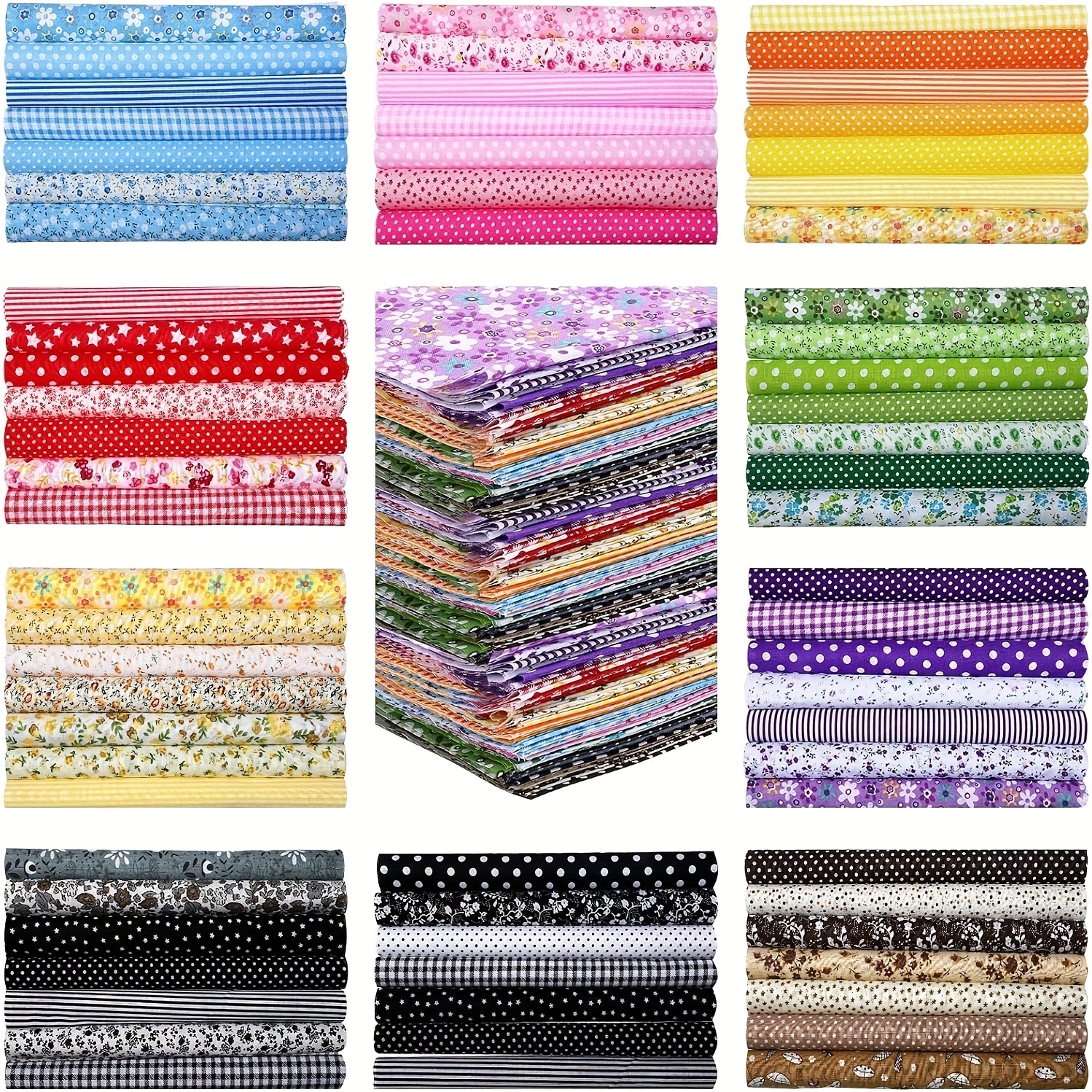 Image of 70pcs Diy Fabric Scraps 25x25cm (small Floral ) - Black, Red, Yellow, Pink, Blue, Purple, Green, Gray, Navy Blue, Brown (7pcs Color In The Above 10 Shades)