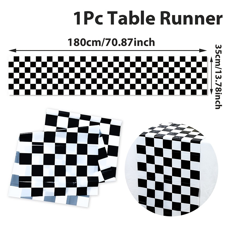Image of 1pc,black White Checkered Table Runner,35*180cm,racing Theme Disposable Pe Table Flag,racing Birthday Party Decoration,baby Shower Party Supplies,home Dining Table Decor,event Party Tablecover