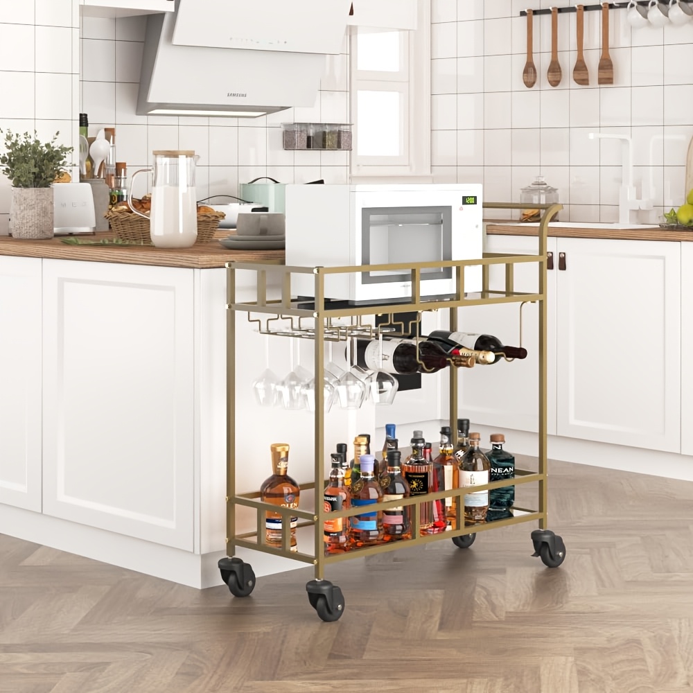 Compact Two-Tier Wine Cart for Home Use, Featuring Mirrored Shelves, Wine Racks, And a Glass Holder, Ideal for Dining Rooms, Living Rooms, And Parties