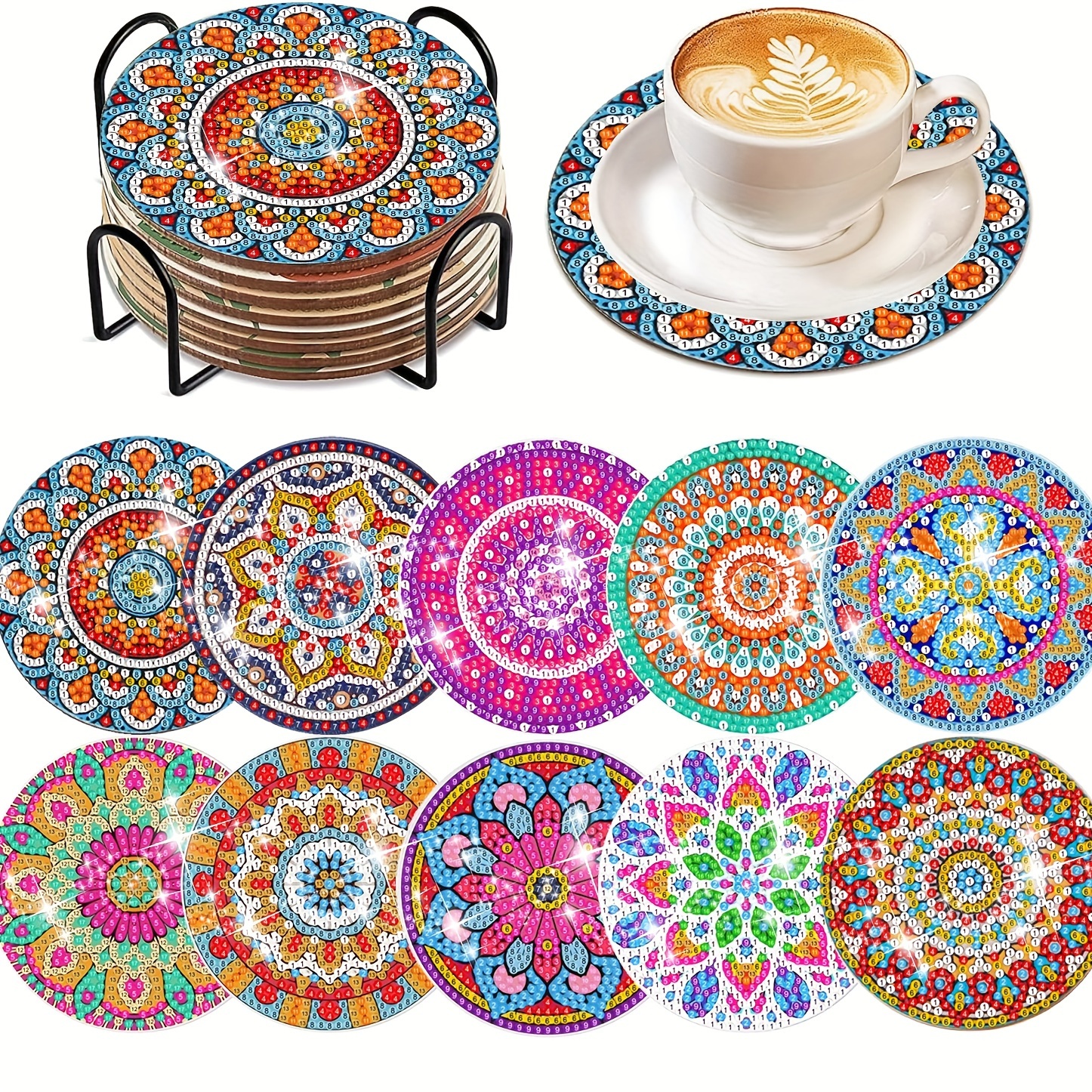 

10pcs Diamond Painting Coaster Kits, Round Diamond Art Craft Set, Decorative Wooden Coasters With Stand, Diy Diamond Art For Adults, Beginner Friendly, Cartoon Themed With Other Wood Material