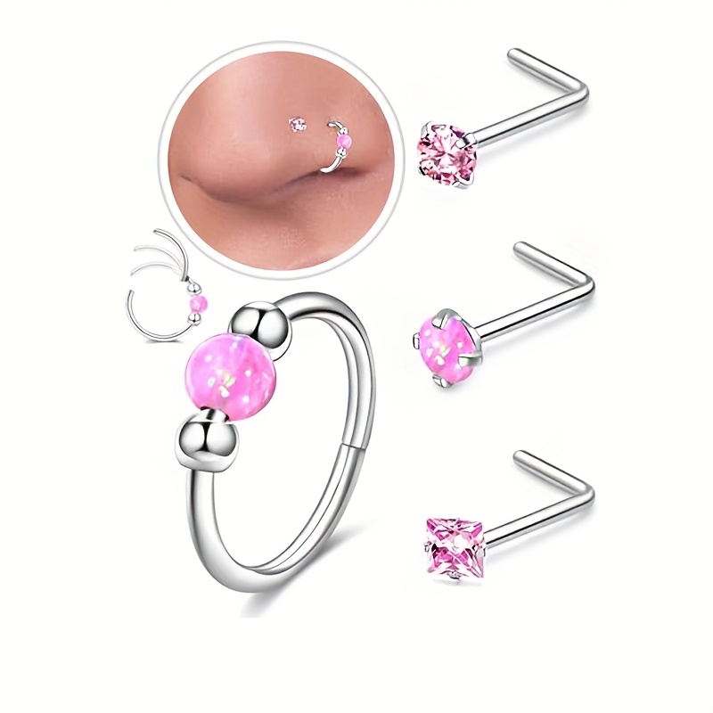 TEMU Allergy-resistant Nose Rings And Earrings In 20g And 18g Surgical Steel, L-shaped Nose Studs, Cubic Zirconia Nose Rings And Earrings For Men And
