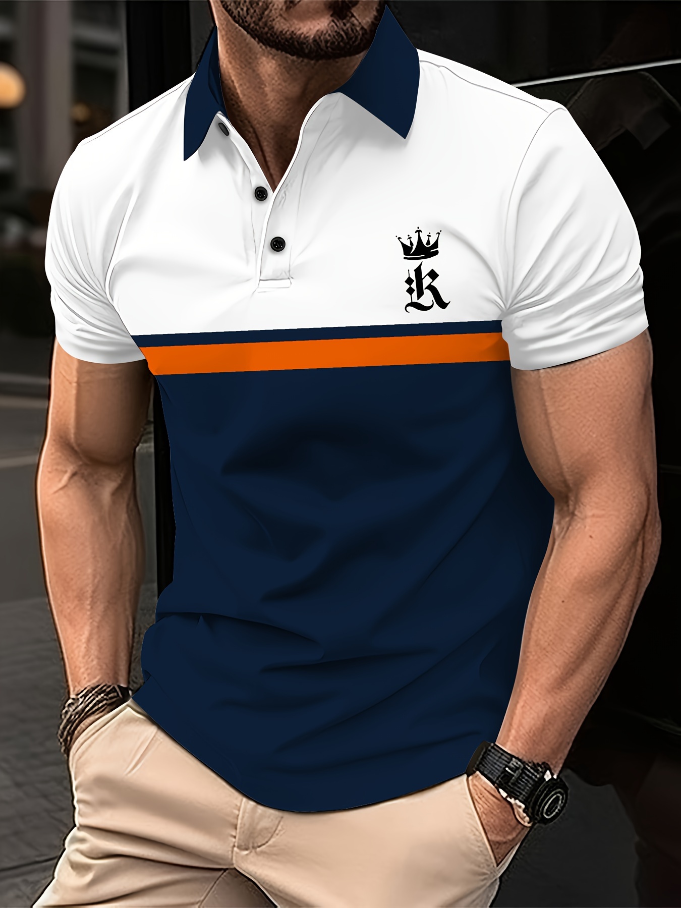 Yaz için Büyük Beden Erkek Harf K Grafik Baskılı Golf Tişörtü, Rahat Trend Kontrast Renkli Kısa Kollu Tenis Tişörtü