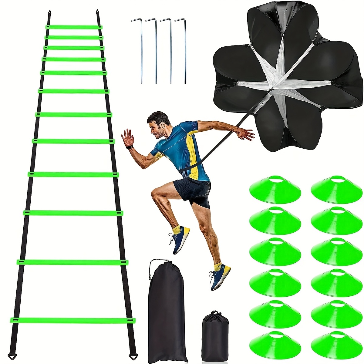 Image of Agility Ladder Speed Training Equipment Set 20ft Agility Ladder, 4 Steel Stakes, 12 Soccer Cones, Running Parachute And Carry Bag, Speed Training Equipment For Soccer Basketball