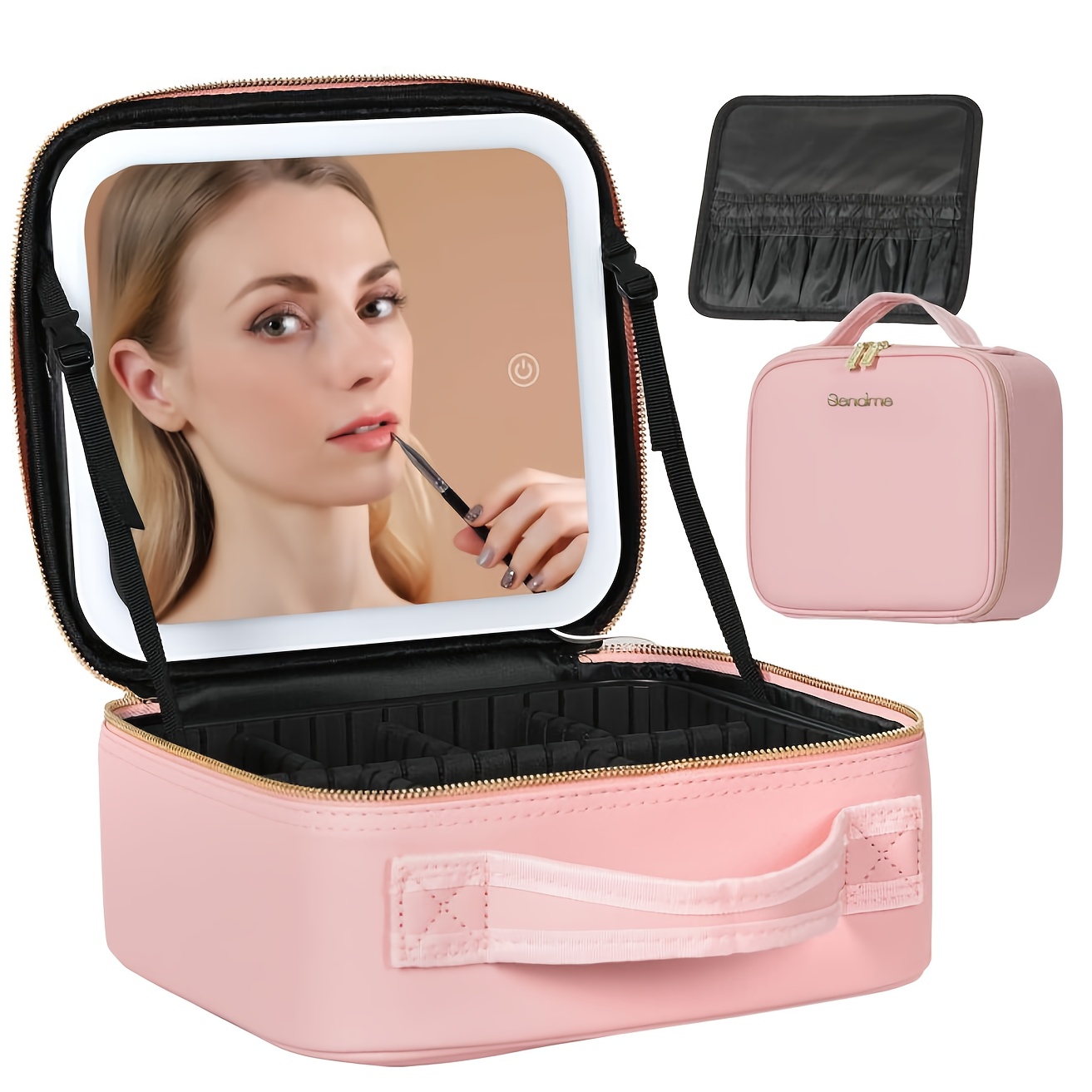 TEMU Travel Makeup Case With Led Mirror And 3-color Led Lighted Adjustable Dividers, Makeup Case With Mirror Makeup Bags Multiple Colors Valentine's Day Beauty Tools Gift, Valentine's Day Present
