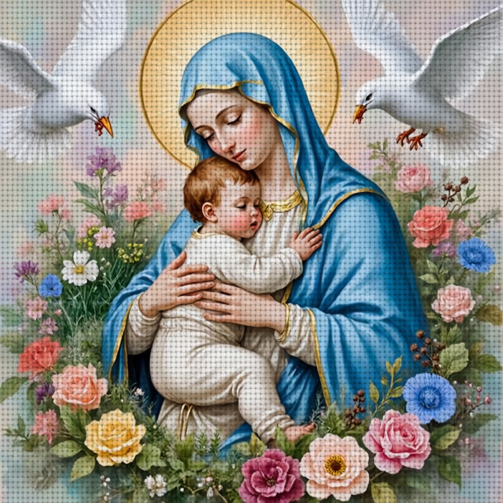 TEMU 1 Set di Kit per Croce 11CT Senza Cornice - Maria con Bambino, e Fiori, a , ad Adulti e Principianti, per Decorare Pareti di Camera da Letto e