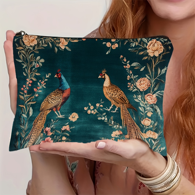 TEMU 1 pieza Neceser de maquillaje floral faisán - Lino de cara adecuado para cosméticos, joyas y viajes, bolsa pequeña con estampado de