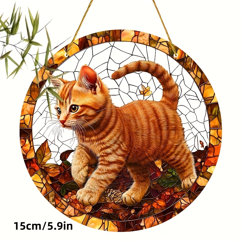 TEMU 2d Flat Charming Colored Acrylic Sun Catcher, With Orange Design - Colorful Autumn Leaf Background - Durable Hanging Window Ornament, Suitable