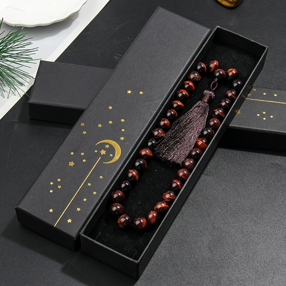 TEMU 33-bead Eye Beads, Misbaha Tasbih Tasbeeh Masbaha Tassel Pendant, 10mm Natural Stone Beads Designed Handmade Beaded Bracelet, Unisex, For Daily