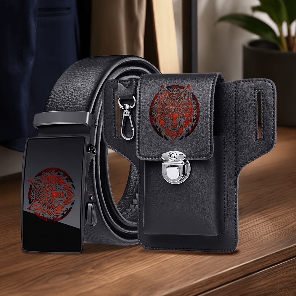 TEMU Celtic Wolf Men's Belt And Waist Bag Set, Fashionable Trendy Combination, Ideal For Daily Or Business Occasions, Perfect Valentine's Day