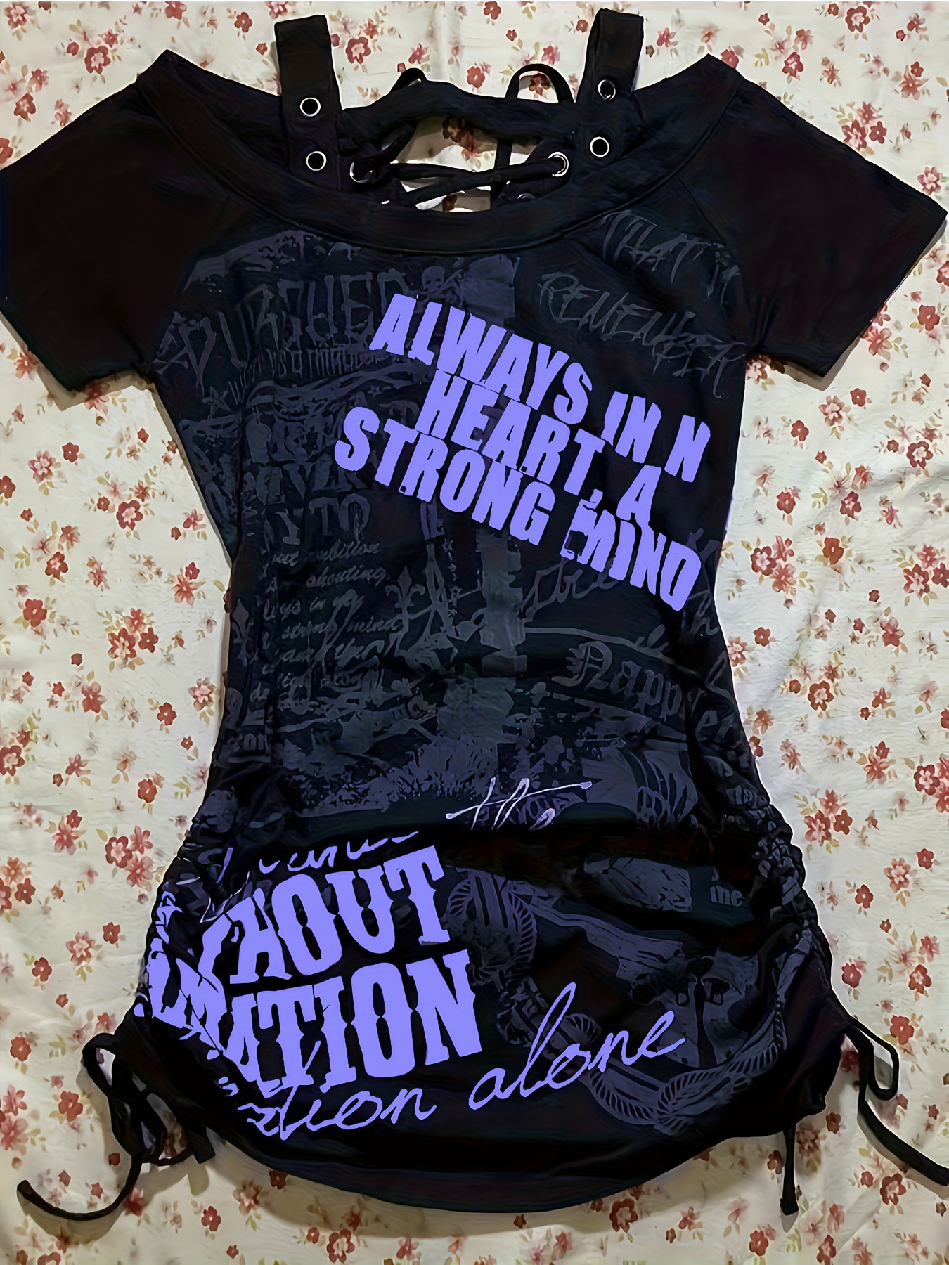 XY Kya Culture Spicy Vintage Letter Print Drawstring Pleated Short Sleeve Women's Back Tie, Y2K Design Dark Punk Skull Print Crop Top, Black Printed Off-the-Shoulder T-Shirt with 4 Eyelet Front