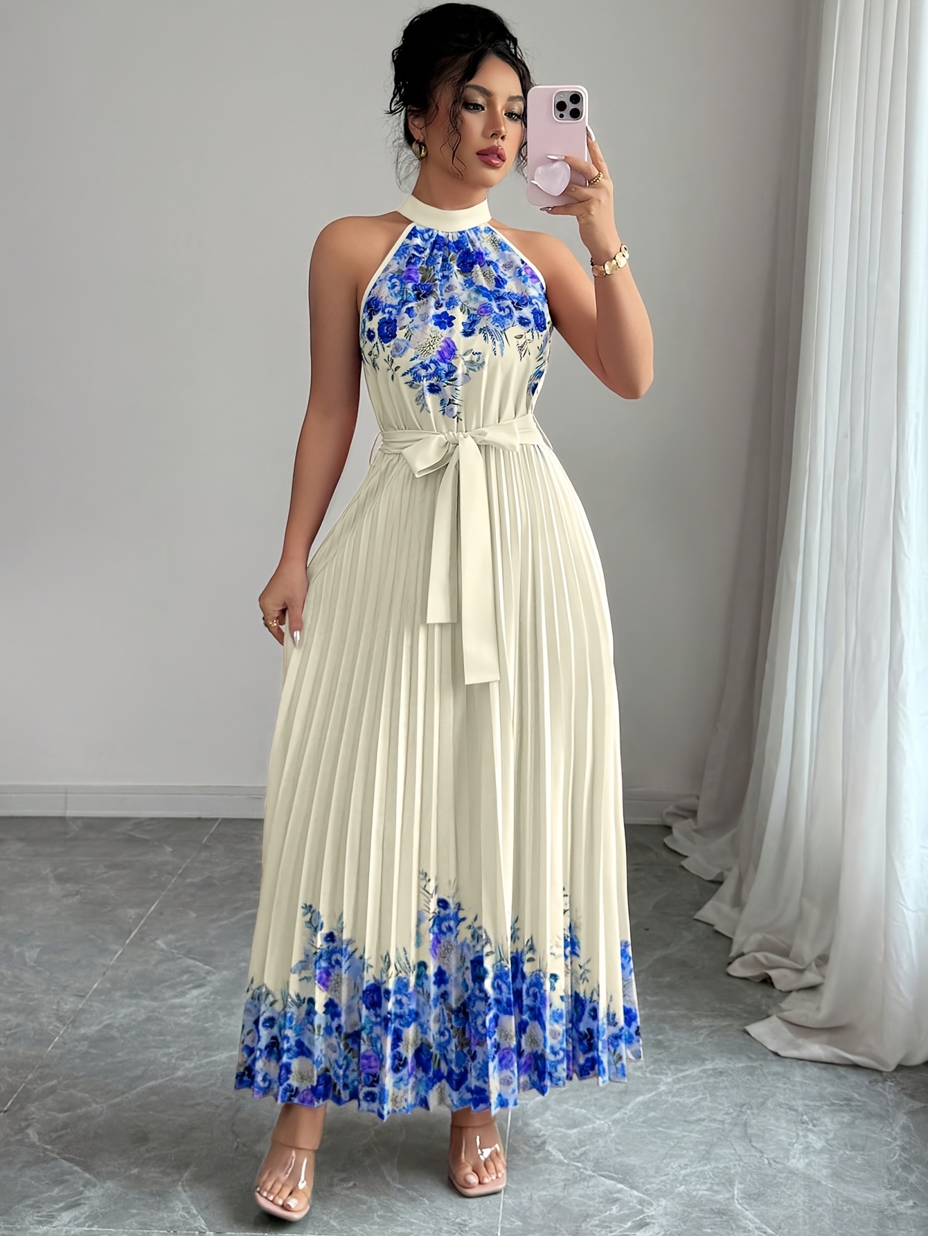 Fashionable New Women'S Summer Halter Floral Print Pleated Dress