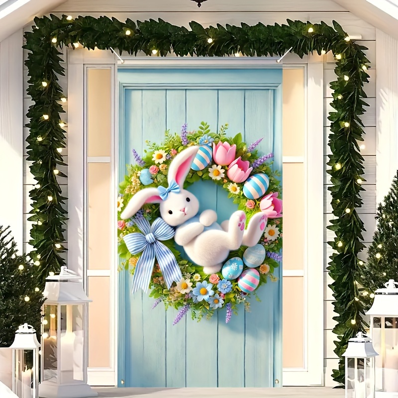 

2d Door Banner Easter Bunny & Egg Wreath & Spring Decor & Garden Celebrations Porch Sign With Gift Requires No Electricity