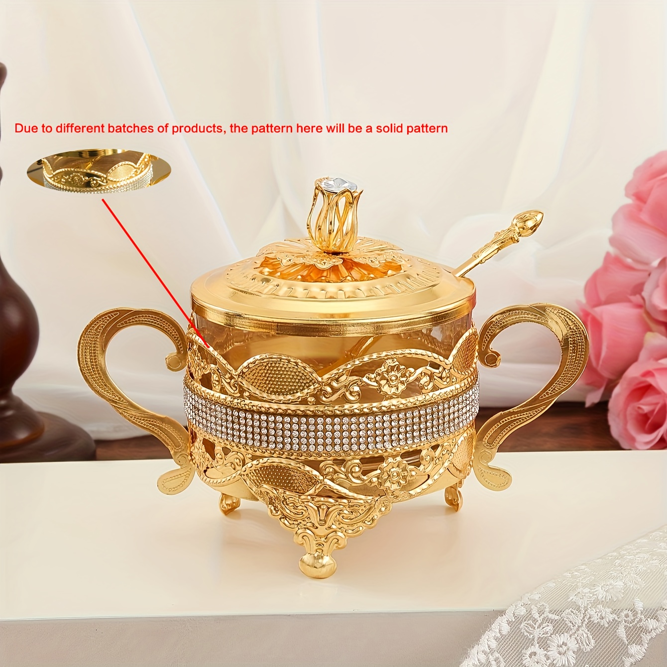 TEMU 1pc, Elegant European Pattern Glass Sugar Bowl With Lid And Spoon Set, Fashion Geometric, Kitchen Party Picnic Creative Seasoning Candy Creamer