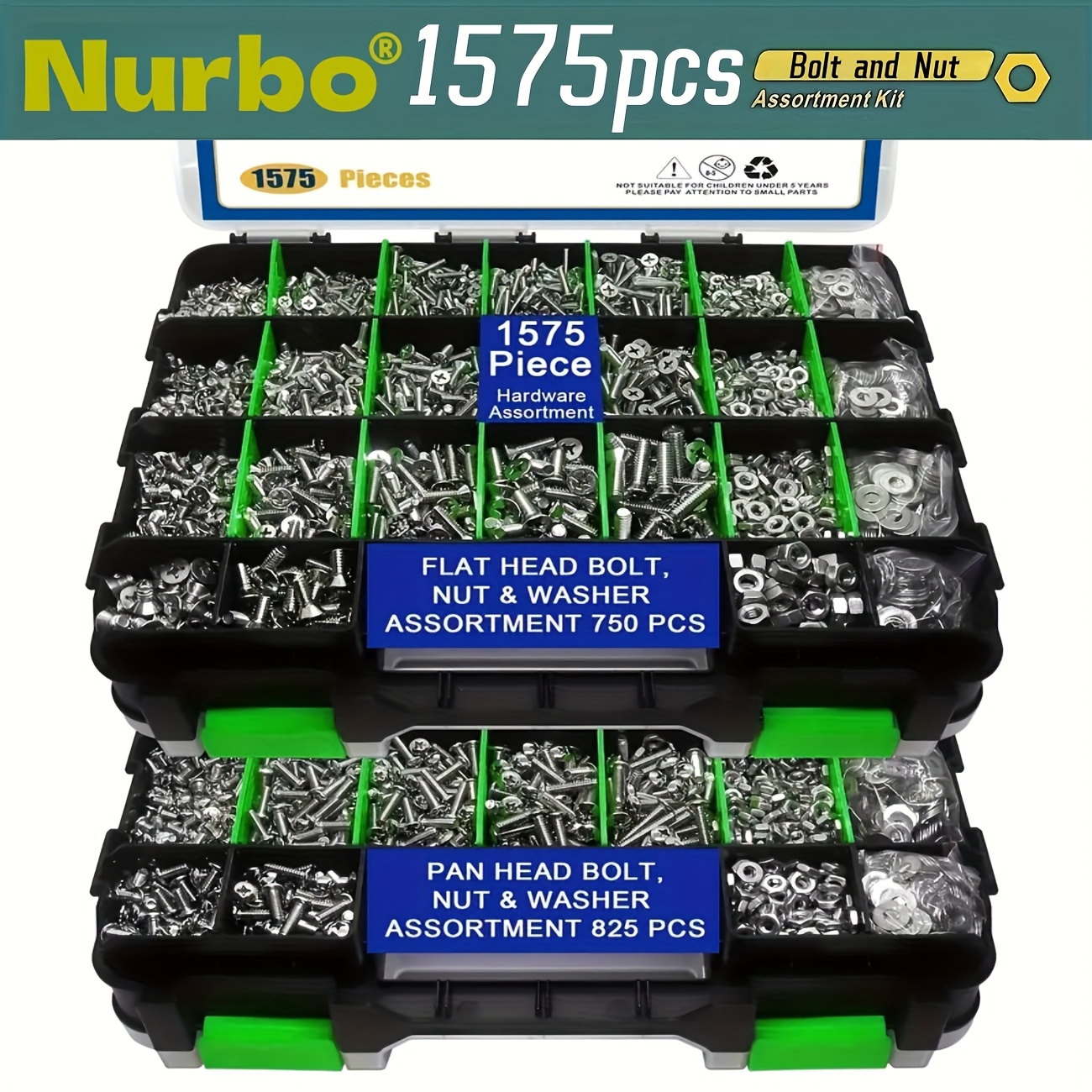 Juego de 1575 piezas de tuercas y tornillos, acero inoxidable, cabezas Phillips y planas, con varias tuercas, arandelas y caja organizadora de doble cara