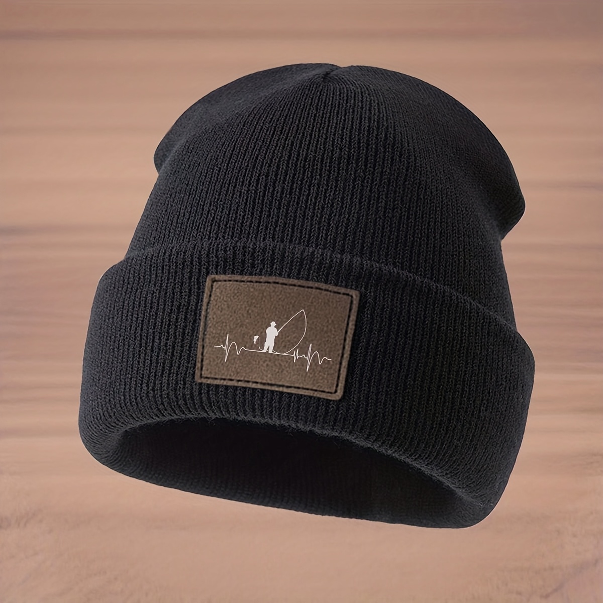 Winter Knit Hat With Faux Leather Label & Fishing - Warm Stretchable Beanie Cap Suitable For Autumn/winter, Casual Outdoor Wear, High-elasticity Comfortable -weather Cap