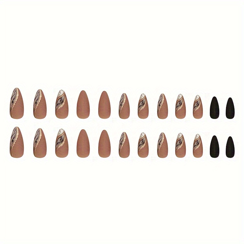 24pcs set brown press on nails almond medium fake nails press on nails french nail tips with golden glitter design black solid color matte false nails glue on nails stick on nails artificial acrylic nail art details 2