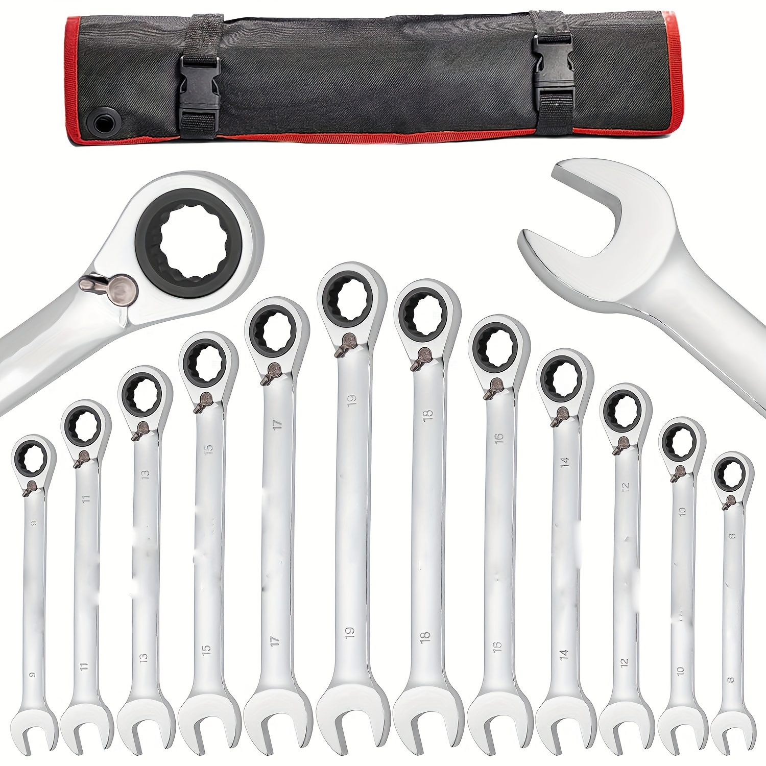 

12-piece Reversible Ratcheting Wrench Set - Metric 8mm-19mm, 72 Teeth, Cr- With Storage Bag For Cars And Motorcycles