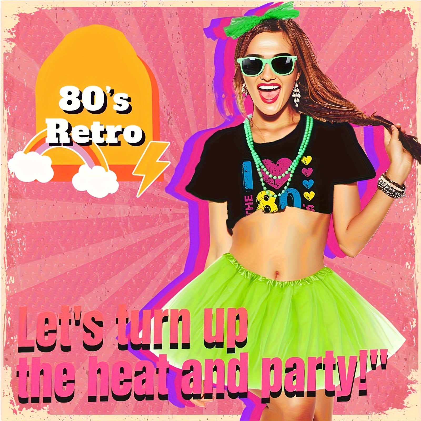 Déguisement Années 80 Femme – T-shirt Résille, Bandeau Dentelle, Gants, Colliers, Bracelets – Set Complet 10 Pièces – Soirée Disco Rétro