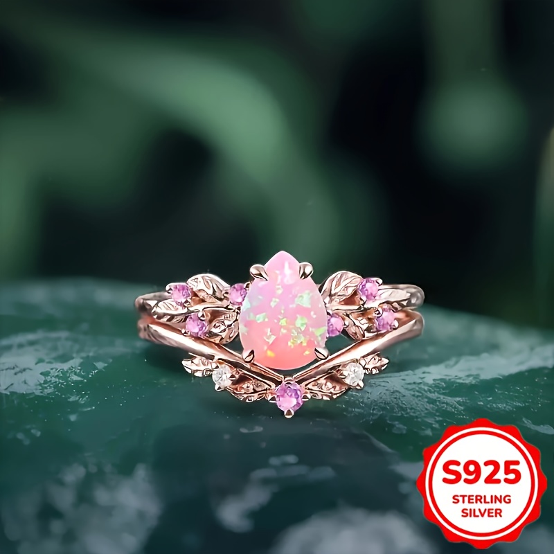 TEMU Luxurious And Fashionable 2pcs Pink Synthetic Opal Zirconia 925 Sterling Silver Ring Set, Featuring Exquisite Oval Cut Zirconia And Elegant Rose