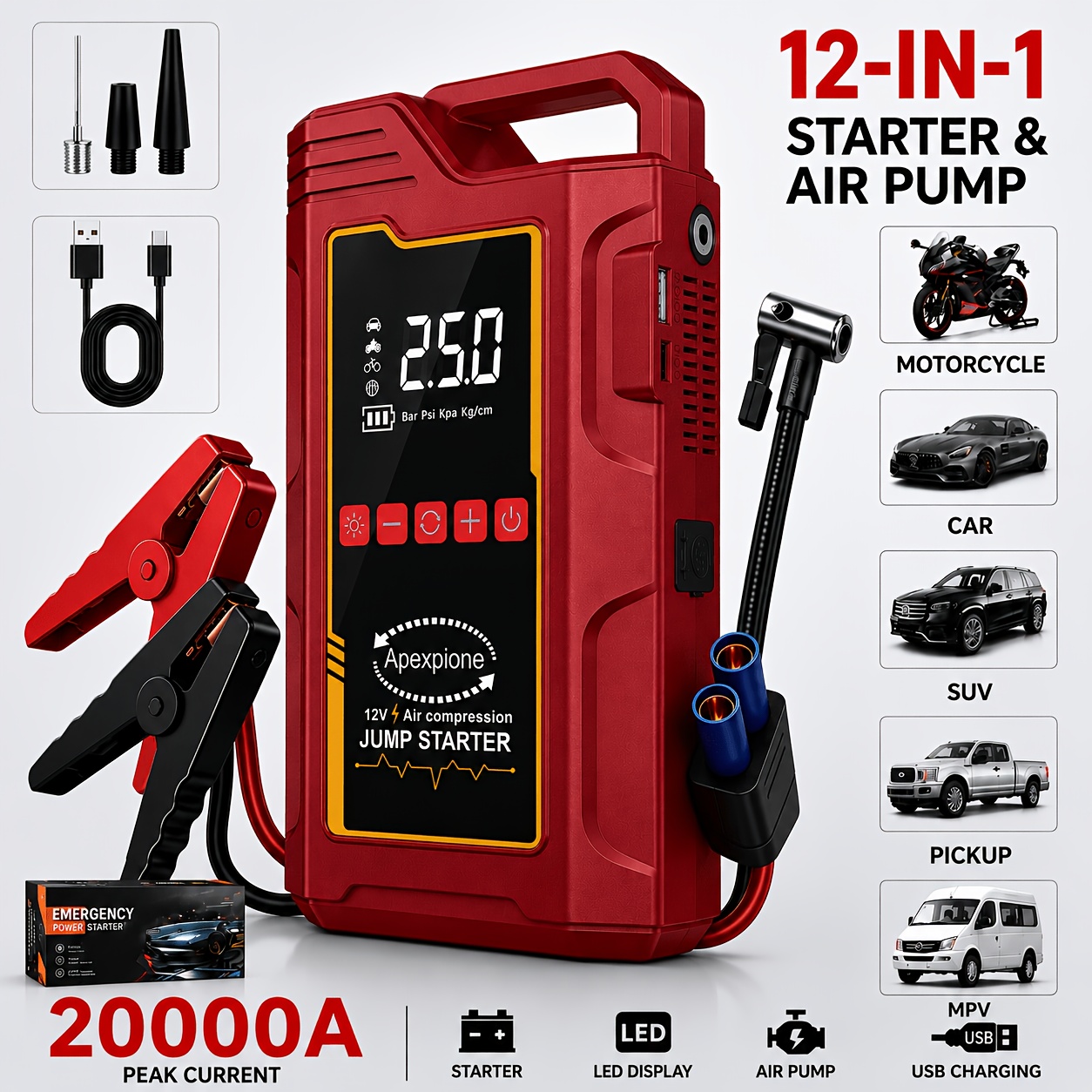 TEMU 20000a 12-in-1 Portable Jump Starter With Air Compressor For All 12v Vehicles, 250psi Tire Inflator, Fast Charge Usb/type-c Power Bank, Led