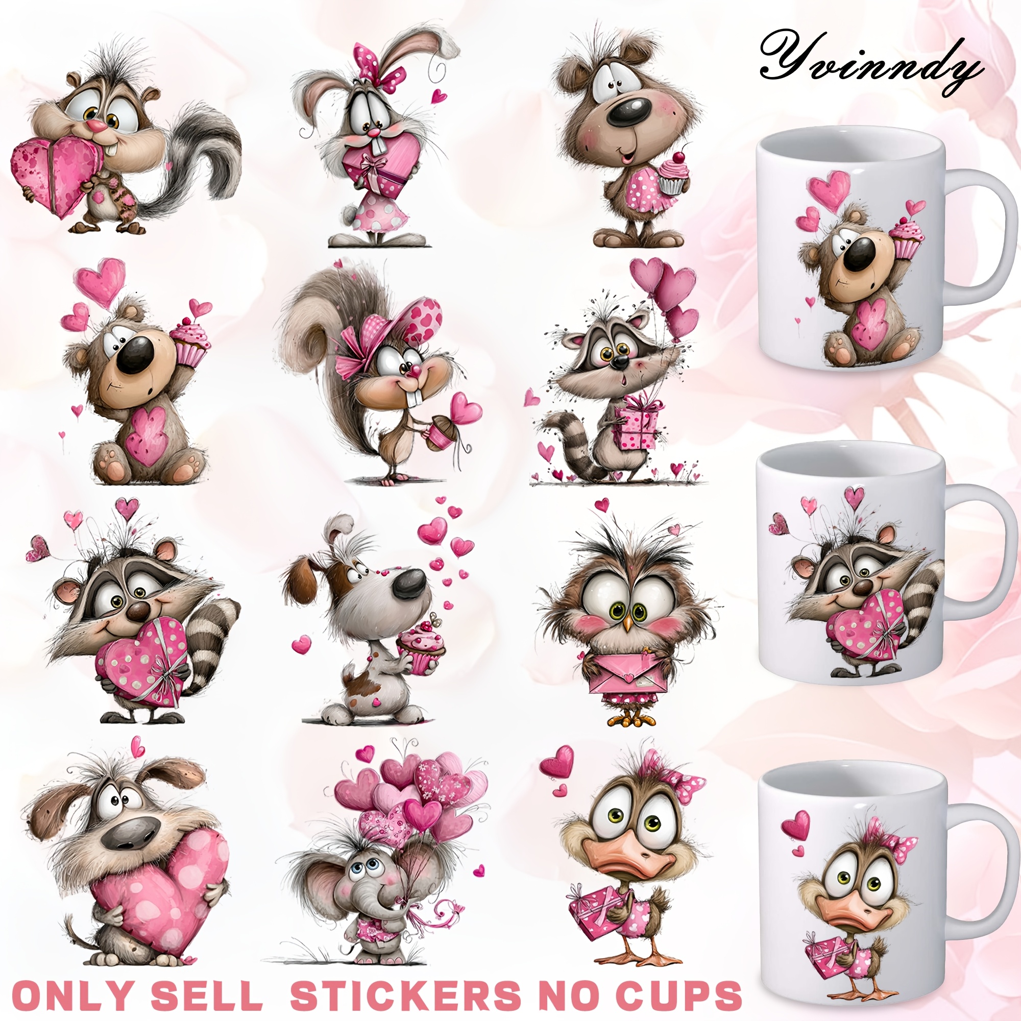 TEMU Feuilles de transfert UV DTF pour décoration de tasses, 12 pièces, d'animaux amoureux pour la Saint-Valentin, aléatoires, papier de transfert UV