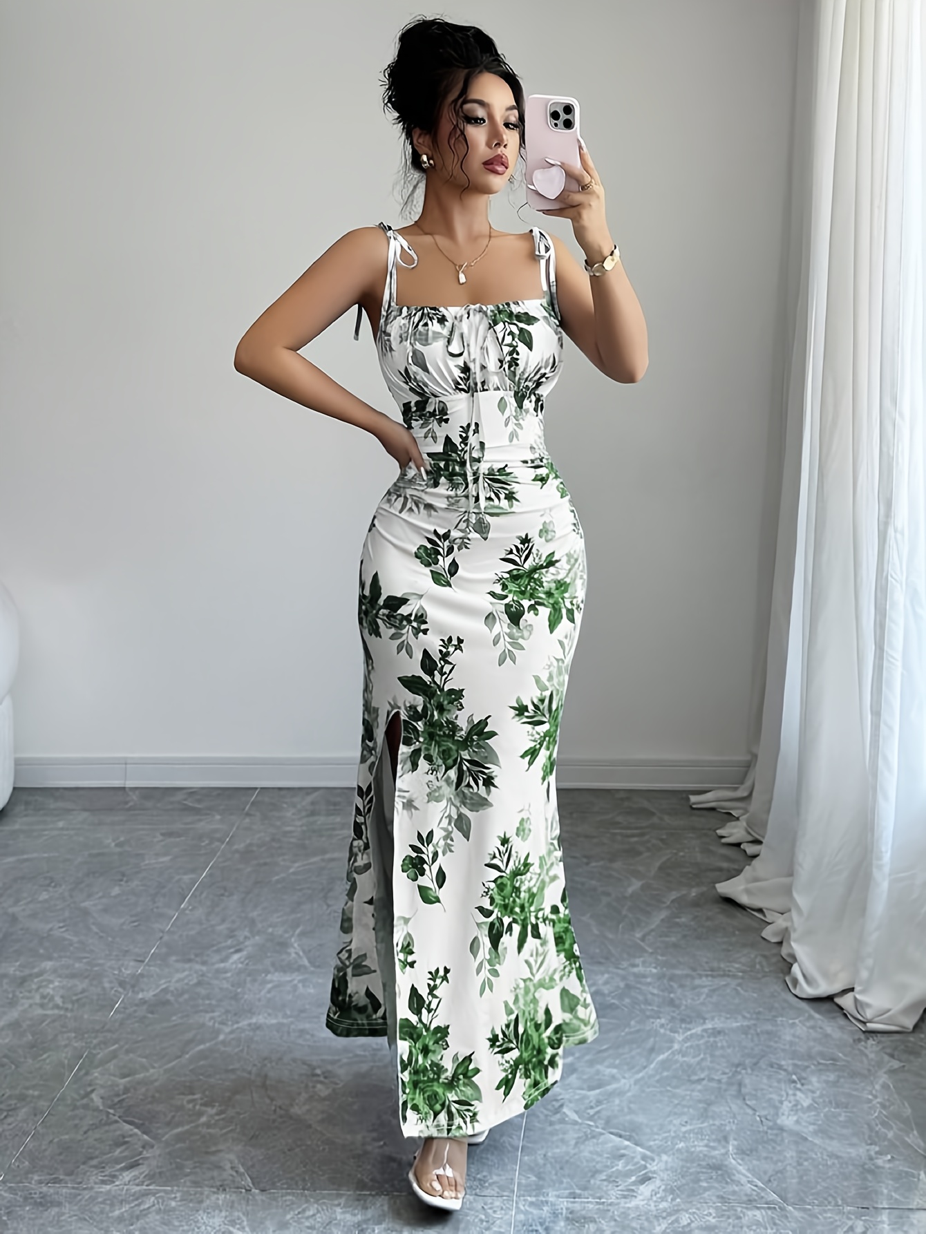 Ladies' Elegant Printed Spaghetti Strap Ruffled Shoulder Tie Bow Hip Slit Dress for Dates, Parties, Gatherings, Beach Vacations