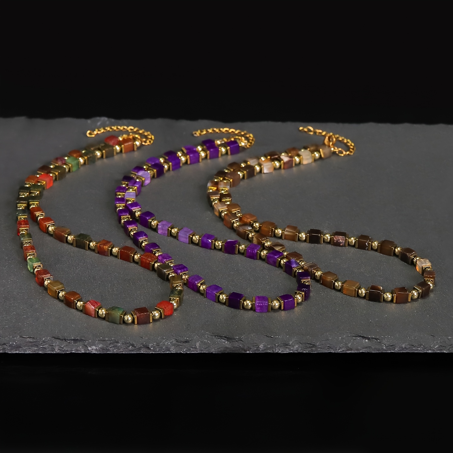 Hand-Strung Square Agate Beaded Necklace with Golden-Tone Accents