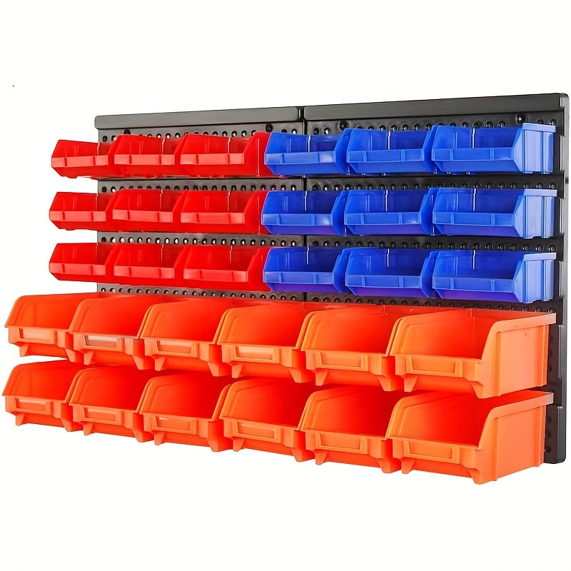 

30-piece Wall-mounted Bin Storage System For Garage Organization, Plastic Tool Organizer Bins, Multipurpose Rack For Workshop - Red, Blue, , No Electricity Required