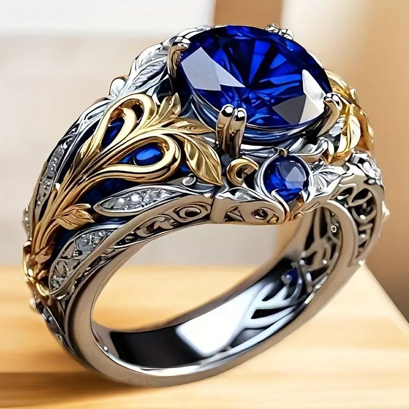 TEMU Silvery Ring Set With Synthetic Sapphire, Vintage Style Jewelry, Dominating Men's And Women's Rings, Suitable For Daily Wear And