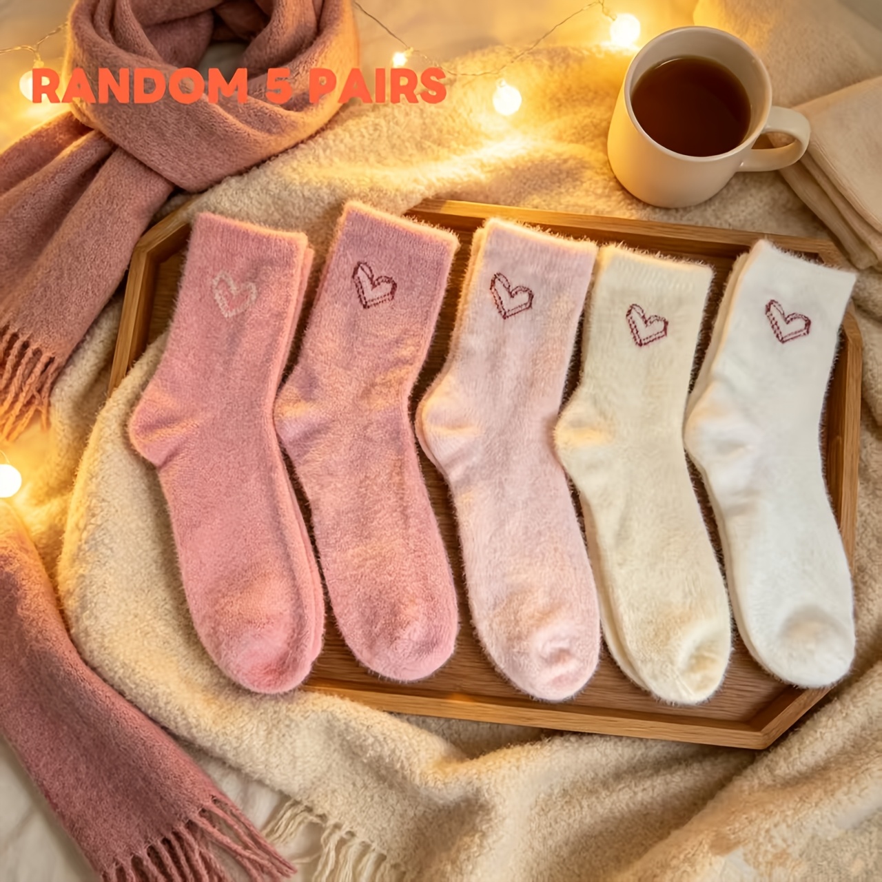 TEMU Random 5-pair Women's Autumn/winter Thickened Warm Mid-calf Socks, Sweet Socks, Floor Socks, Suitable For Various Winter