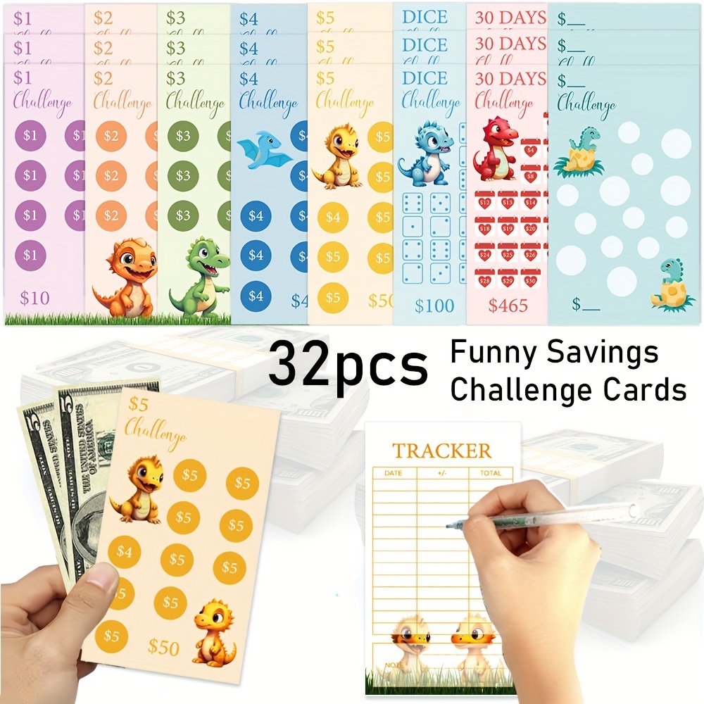 

32pcs Saving Challenge Paper Envelope, No Plastic Envelopes, Envelopes Budget Challenge Saving $5050 Simple And Funny Ways To Save Money Dinosaur Challenge Planner Cards Gifts ( $ € £ For Choice )