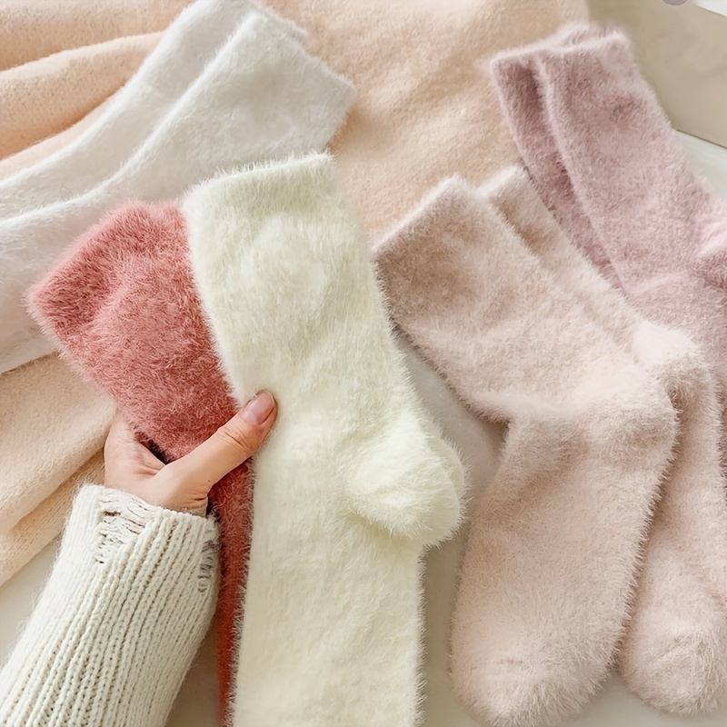 

5 Pairs Solid Fuzzy Mid Tube Socks For Fall & Winter, Sweet Comfy & Breathable Socks, Women's Stockings & Hosiery