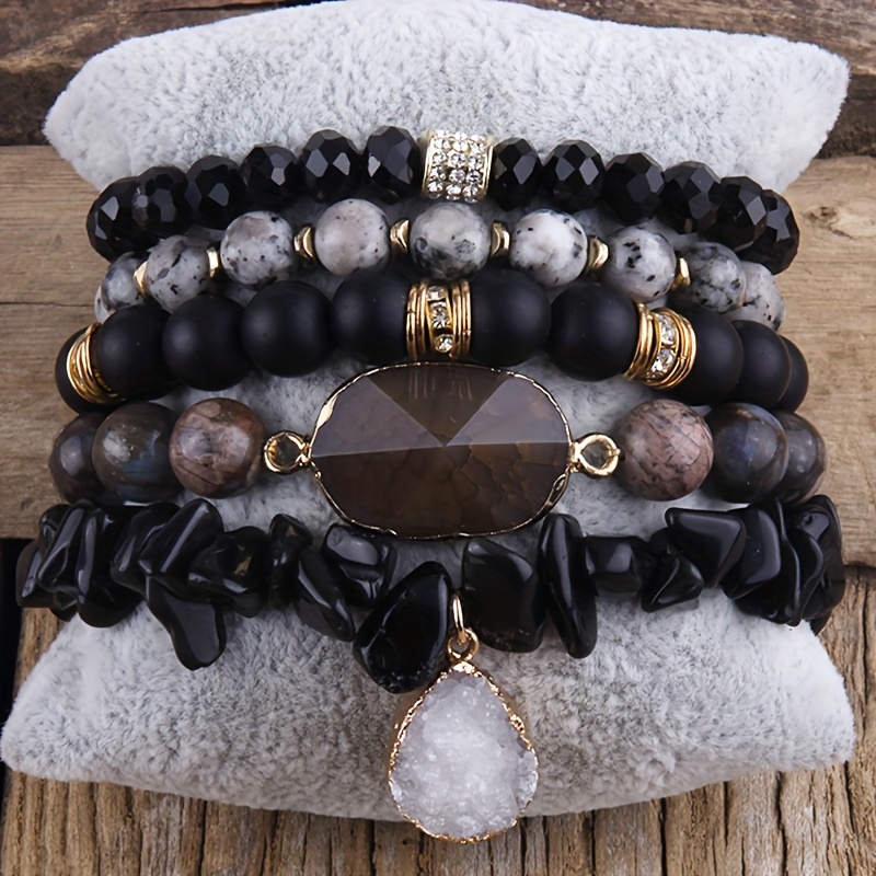 

5piece Natural Stone Beads Pendant Beaded Bracelet Set - Vintage Boho Style Stackable Hand-string Jewelry Set With Brown, White, And Black Colors - Bohemian