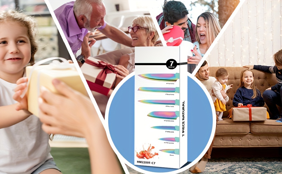 Set of 7 Rainbow Titanium Coated Stainless Steel Knives in a Box, Rust-Resistant And Dishwasher Safe, Includes 6 Knives with Blade Covers And Kitchen Scissors