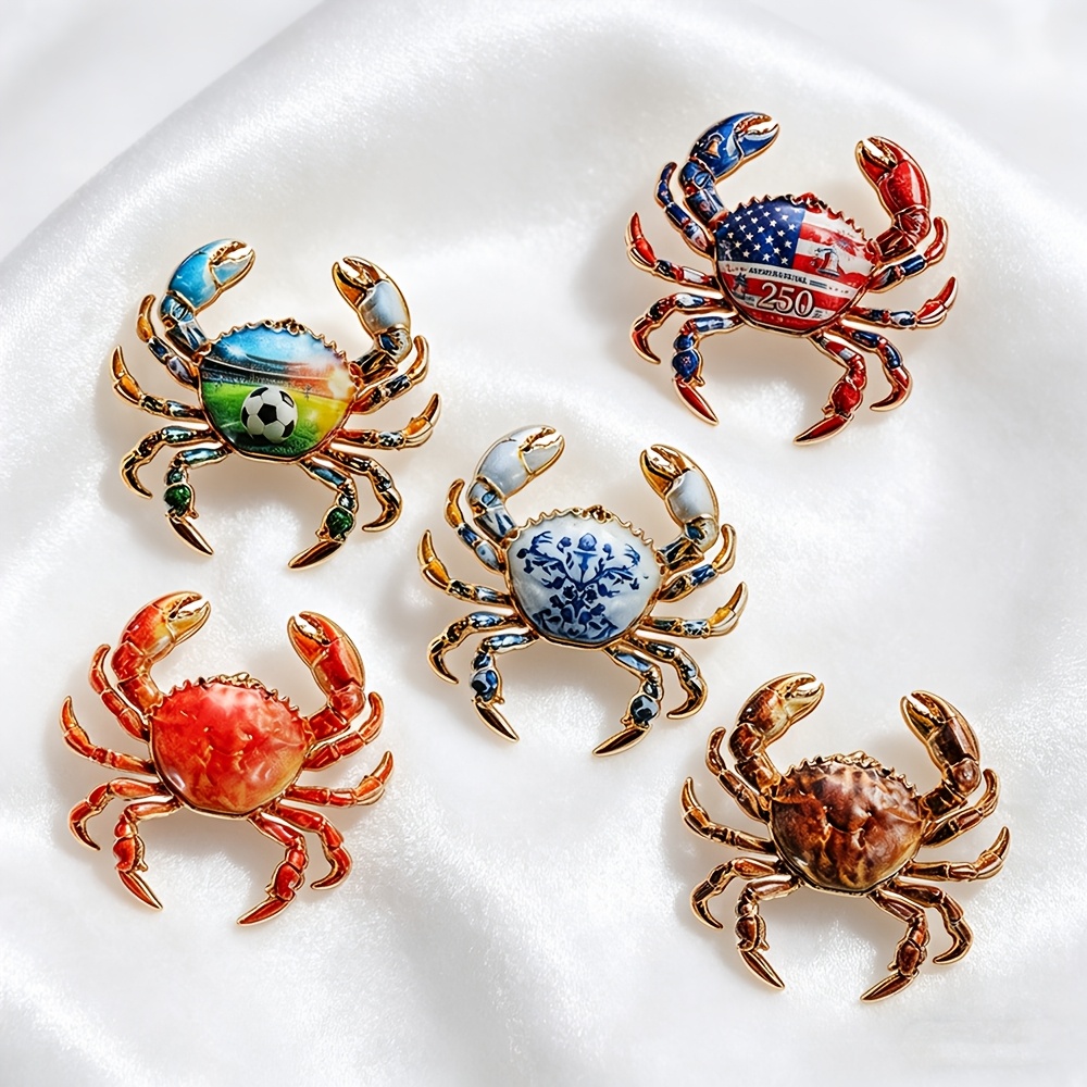 Exquisite Crab Enamel Brooch, Patriotic Football Pin