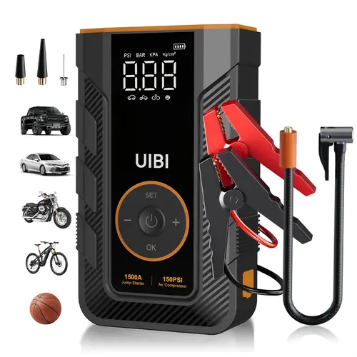 5 in 1 car emergency power station 45w pd fast charger 150psi air compressor tire inflator w led work light for gas diesel trucks suvs cars inflatable boat sports gear accessories