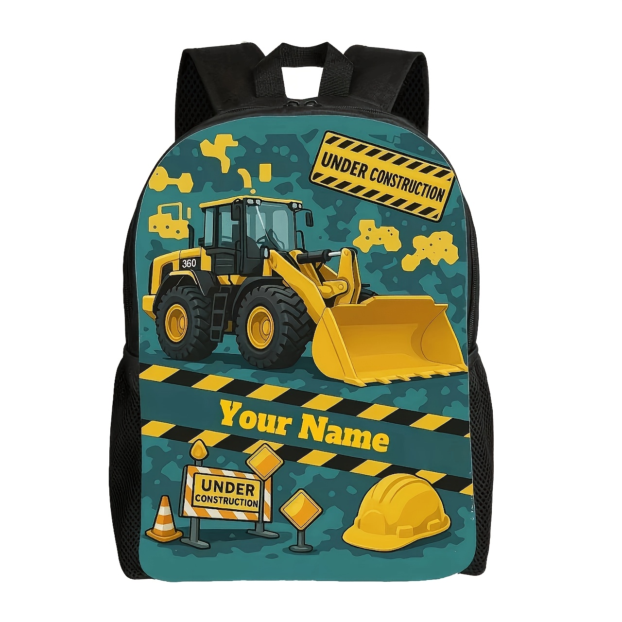 TEMU 1pc Sac à dos personnalisable jaune avec motif de bulldozer de chantier, sac à bandoulière de style décontracté, sac à dos léger personnalisé