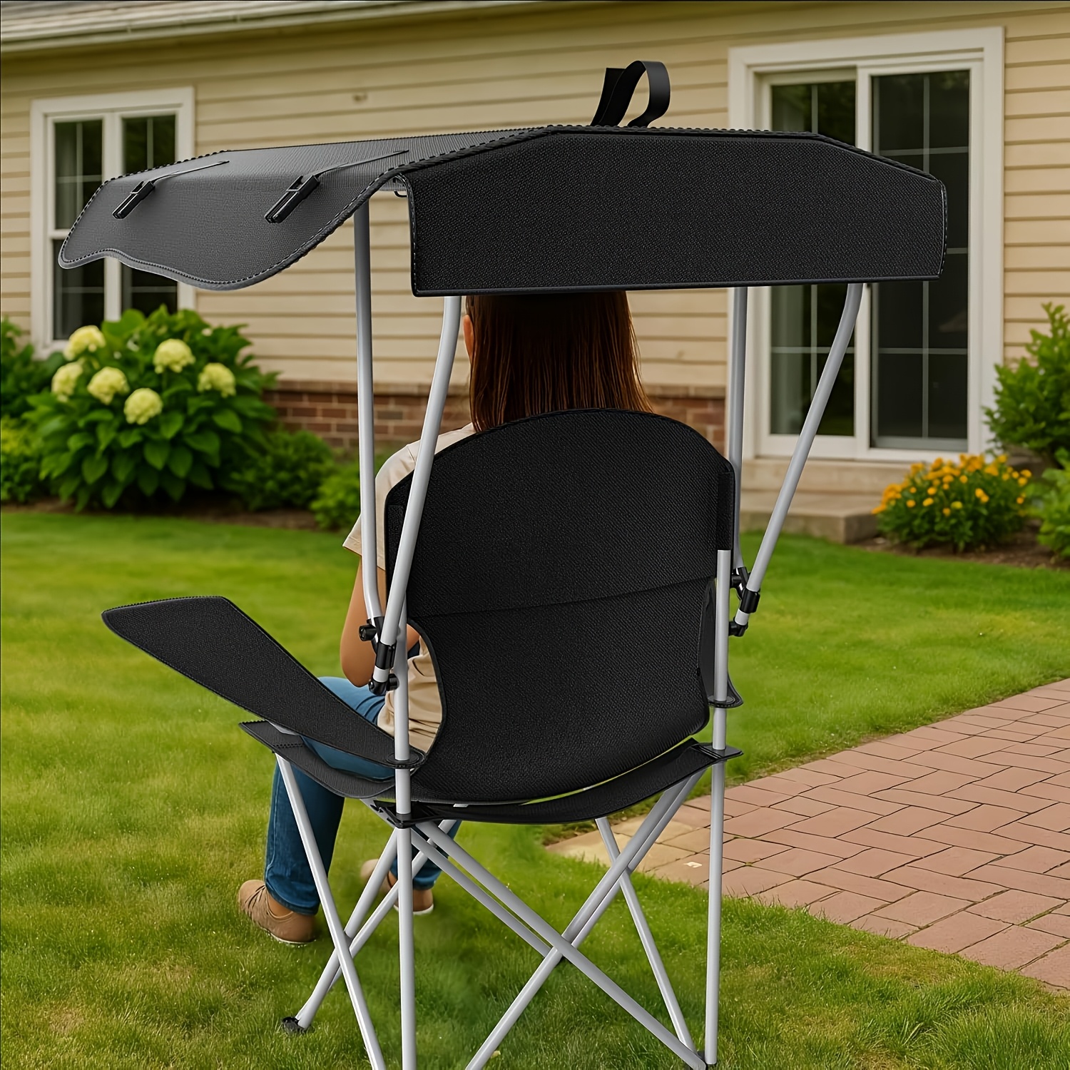 portable folding camping chair with canopy - lightweight oxford fabric outdoor beach chair, for fishing, picnics, and outdoor relaxation, camping chair, picnic essentials, foldable design, sturdy frame construction Product details 9
