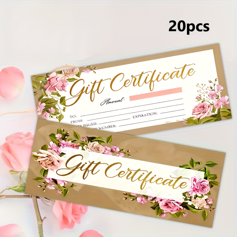TEMU 20 tarjetas de cupones de regalo - Diseño floral de cara con rosas rosadas y hojas verdes sobre un beige, medidas (6×15 cm), ideales para