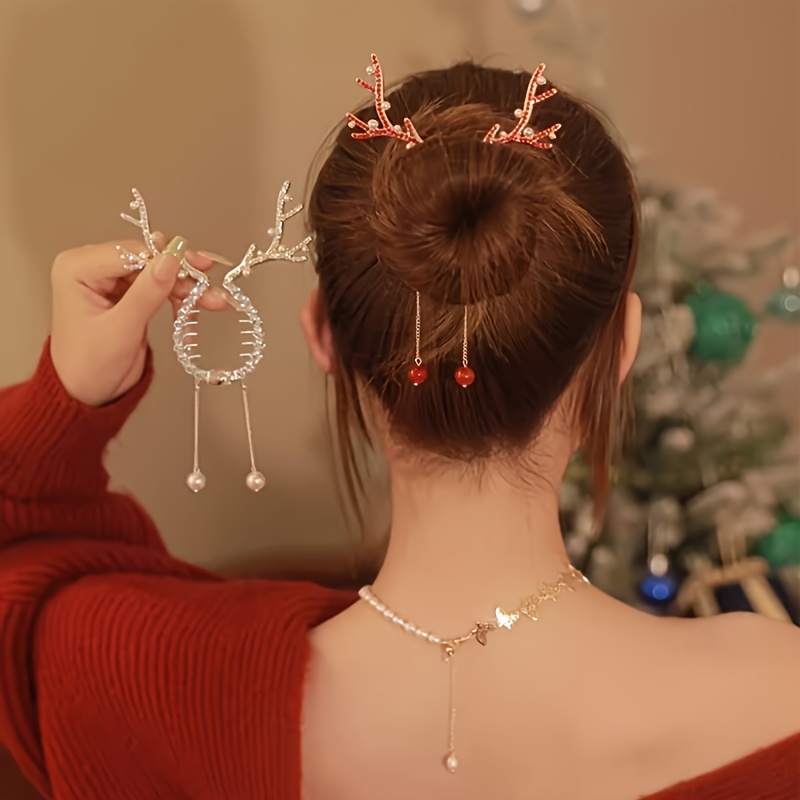 

Elegant Christmas Reindeer Hair Clip With Pearls & Crystals - Chic Alloy Round Barrette For Women And Girls, 14+