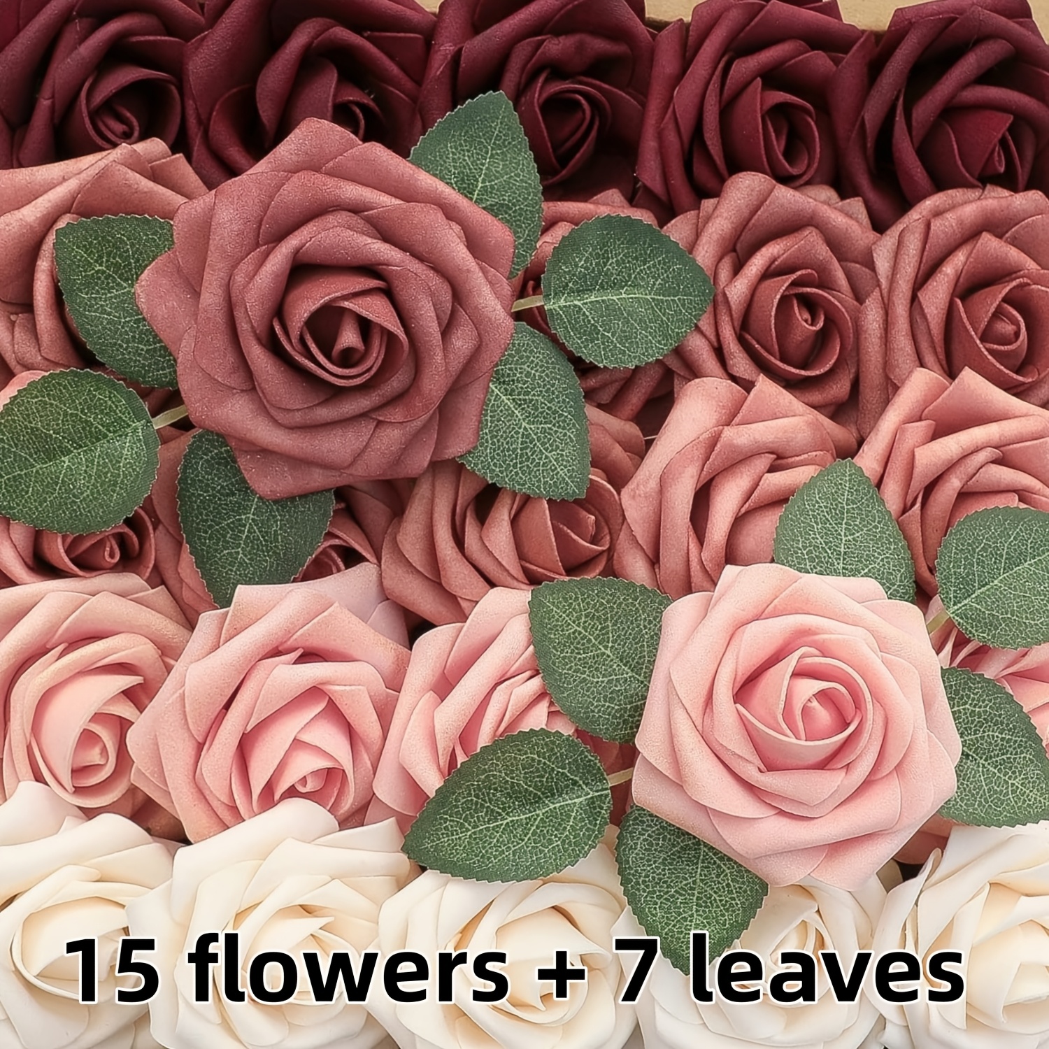 TEMU 22pcs Pink Gradient Rose Set: 15 Roses + , Artificial Plastic Flowers With Stems. Suitable For Home Decor, Office Decor, Birthday Decorations,