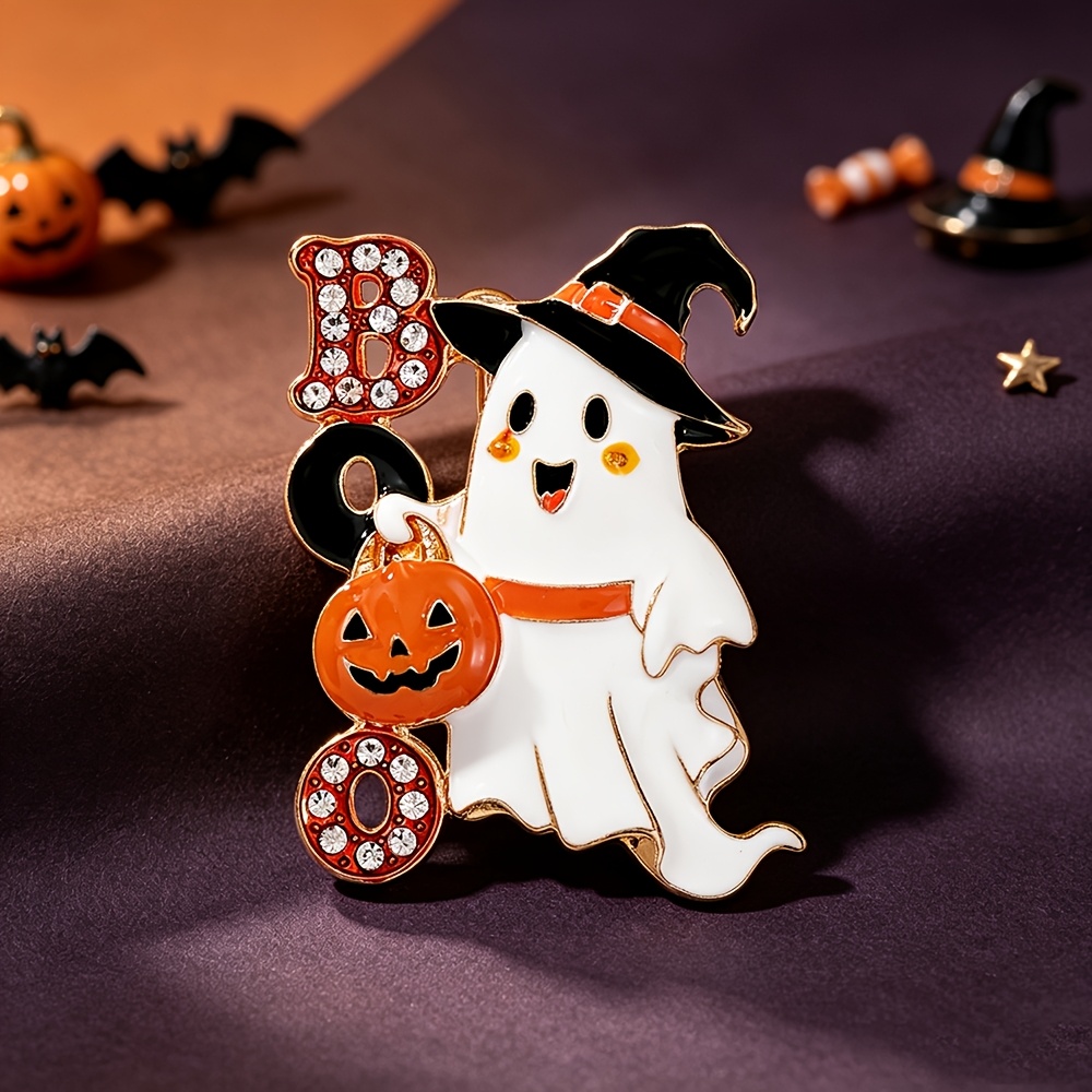 TEMU Broche en émail d'Halloween mignonne, épingle BOO incrustée de strass, cadeau d'accessoire de mode d'Halloween