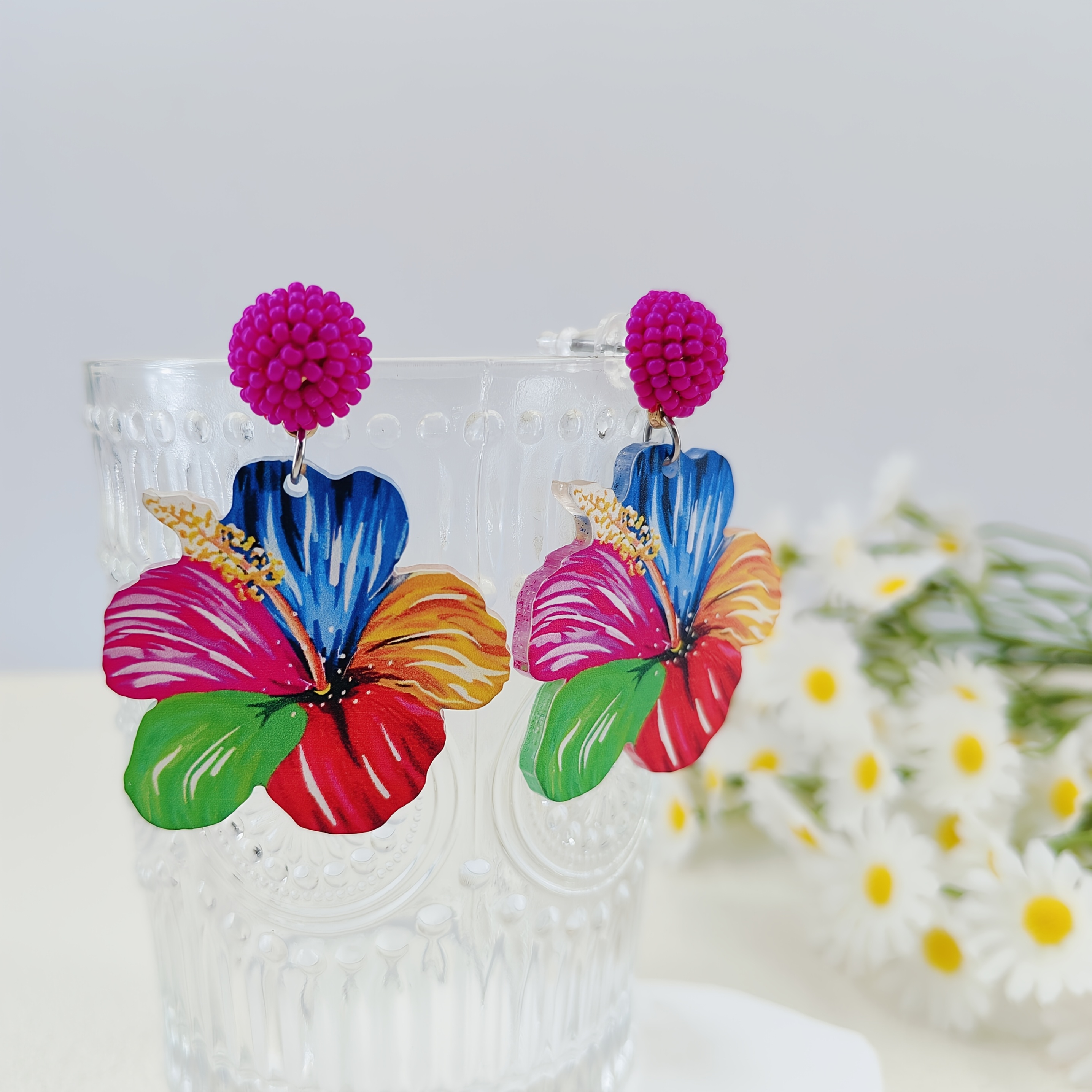 Elegant Multi-Colored Petal Design Resin Flower Earrings
