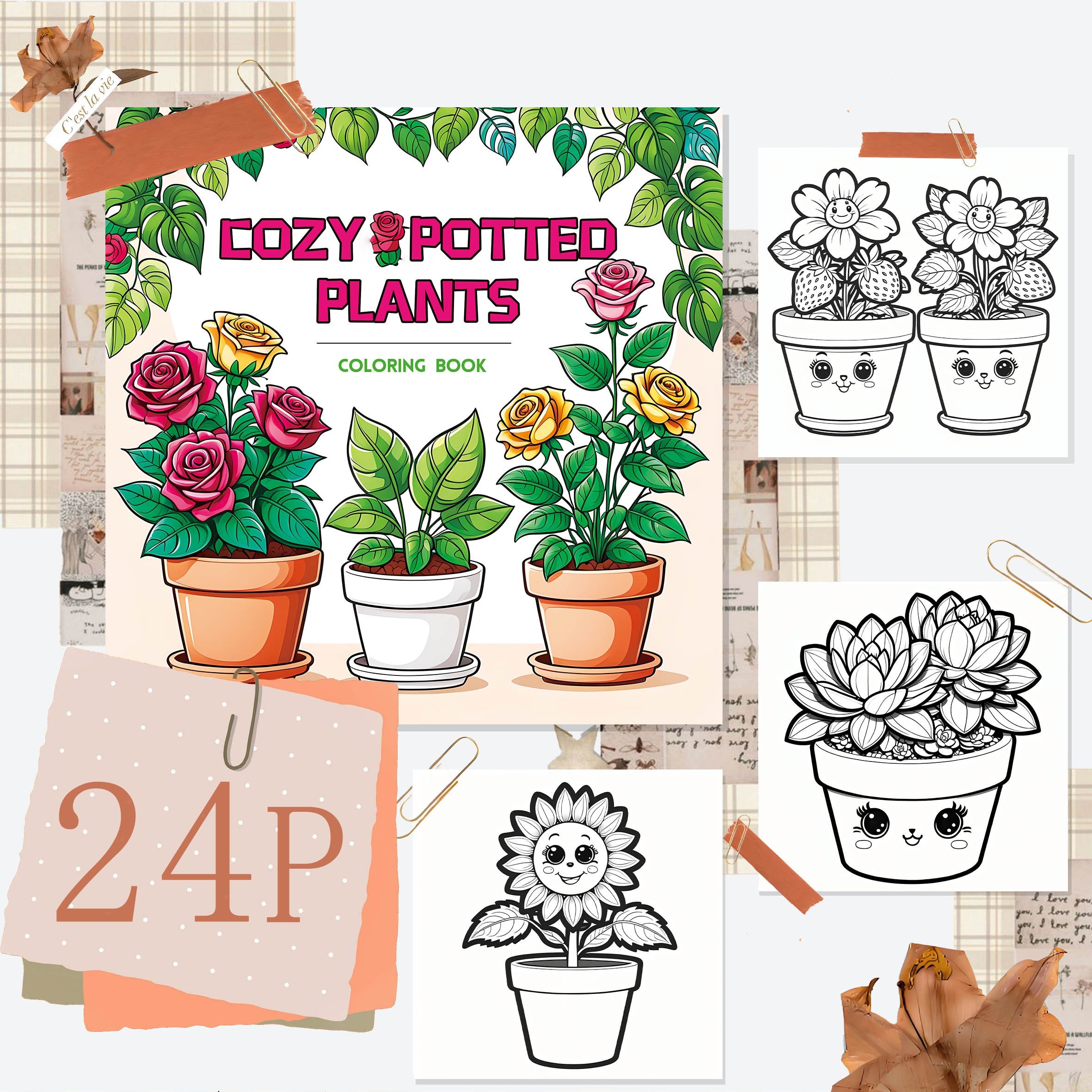 

Cozy & Plants Adult Coloring Book - 24 Pages, Single-sided Print, Relax Art Relax Gift For Family & Friends, Christmas, Halloween & Parties