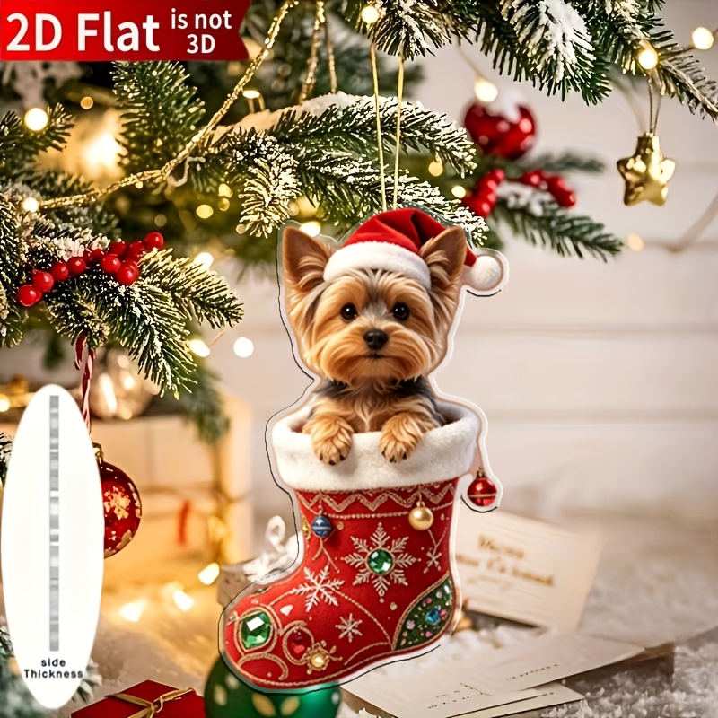 TEMU 2d Flat, 1pc Yorkshire Terrier With Santa Hat In Christmas Stocking Ornament, Suitable For Indoor/outdoor Trees, Windows, Parties - No Power