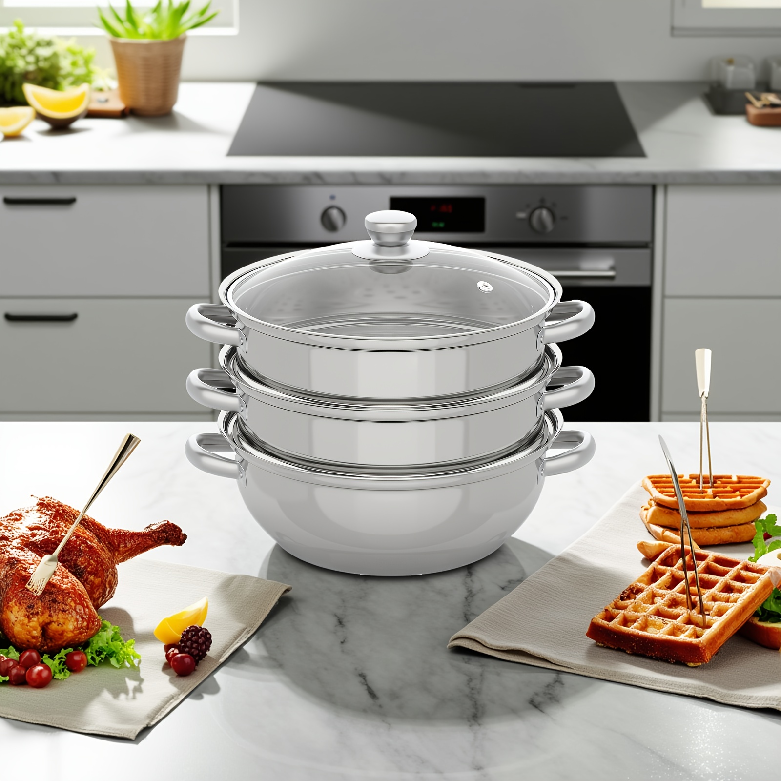 3 Tiers Stainless Steel Round Steamer 28cm/11in For Home And Restaurant