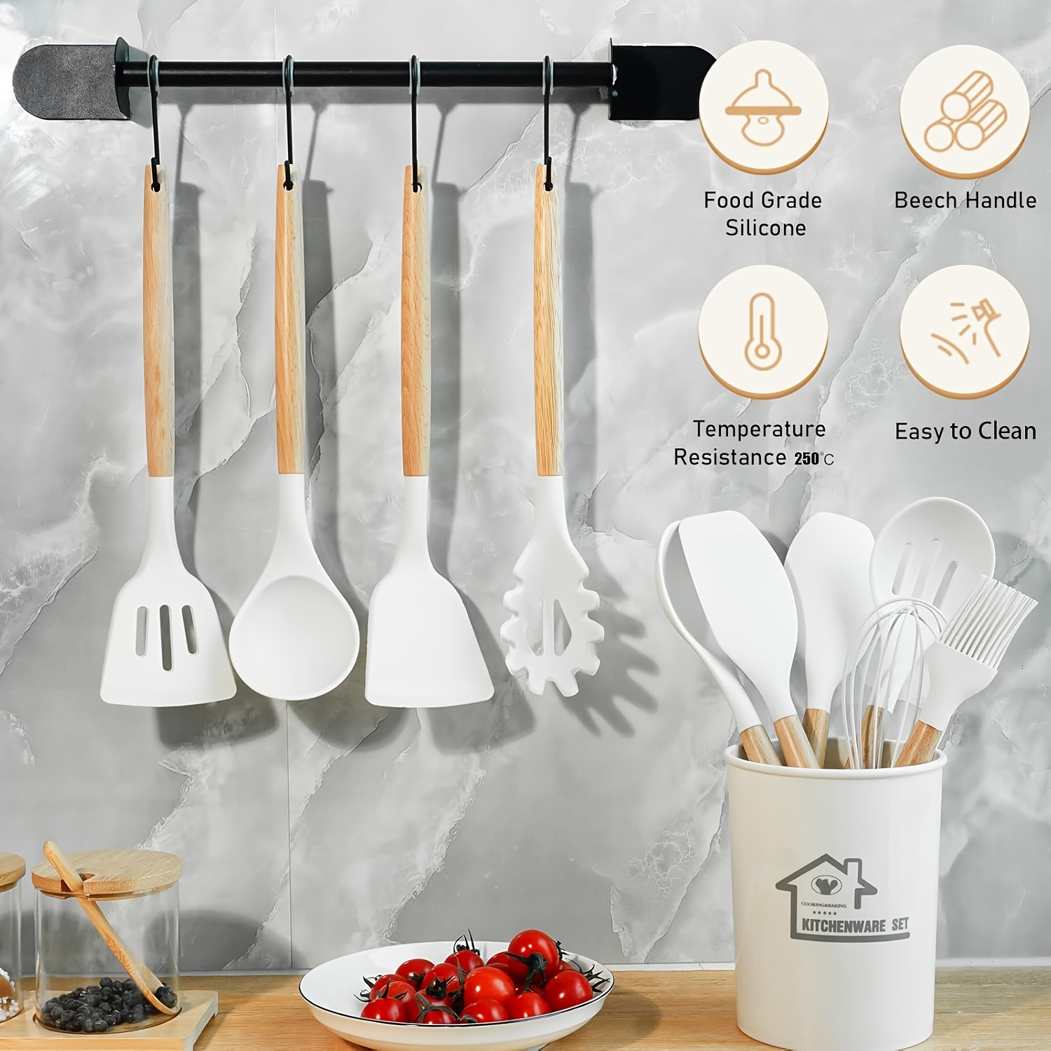Food-Grade Silicone Cooking Tool Set With Wooden Handles And Stands, BPA-Free Non-Stick Cookware Gadgets For Baking, Stirring And Serving