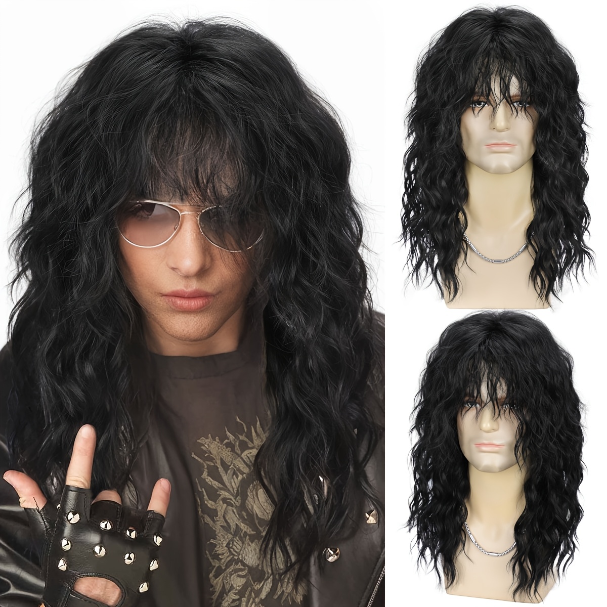 

[1pc Men's Rock Punk Wig] Men's 70s 80s Rock Punk Wig, Comfortable Breathable Cap, Long Wavy Curly Wave Heat Resistant Fiber, For Theme Parties, Music Festivals, Cosplay - Black